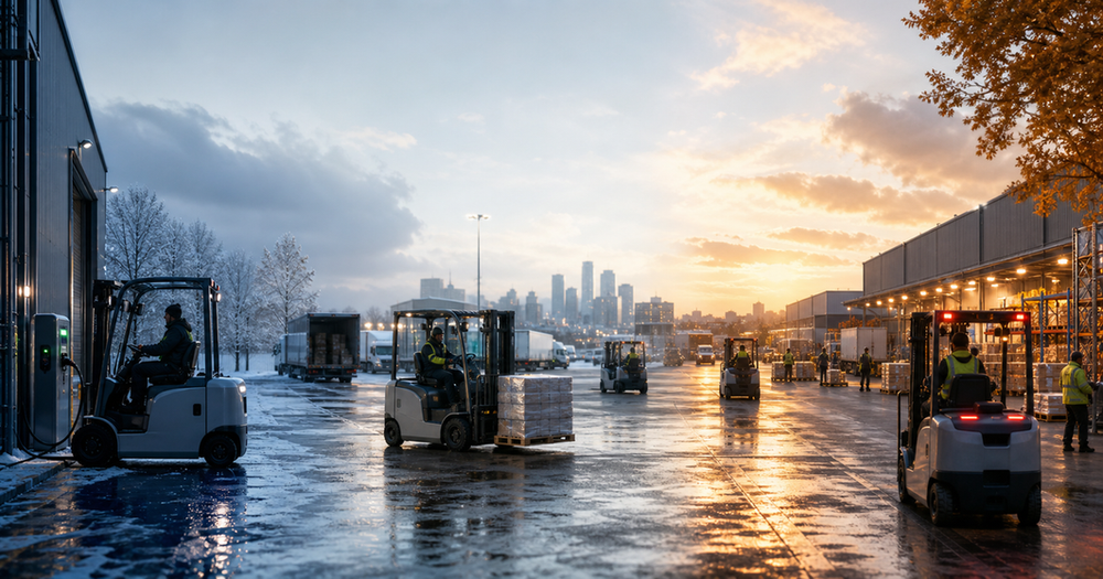 Mixed fleet of electric industrial vehicles working across contrasting seasonal conditions at one facility