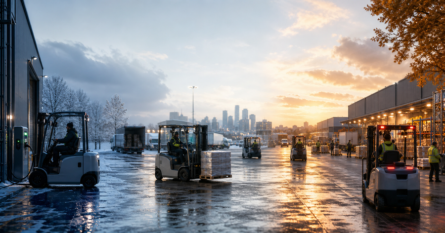 Mixed fleet of electric industrial vehicles working across contrasting seasonal conditions at one facility