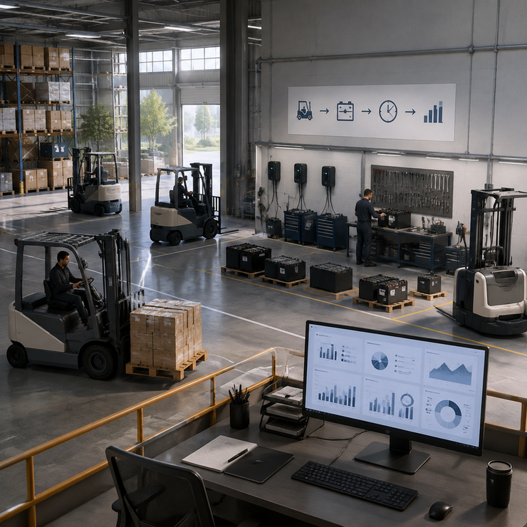 Warehouse vehicles, batteries, chargers, and maintenance records arranged around a fleet planning workstation