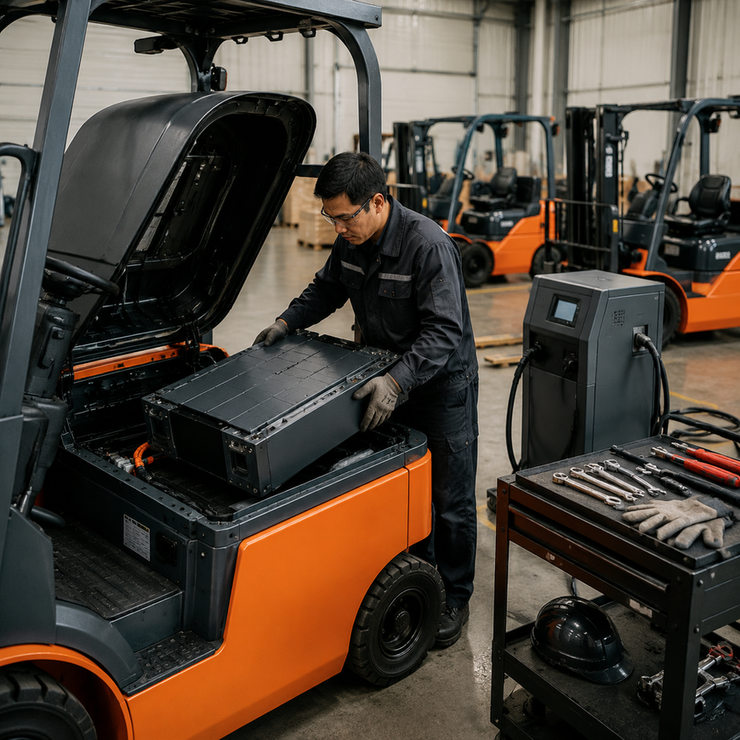 Technician installs a lithium battery module into an open electric forklift inside a commercial warehouse