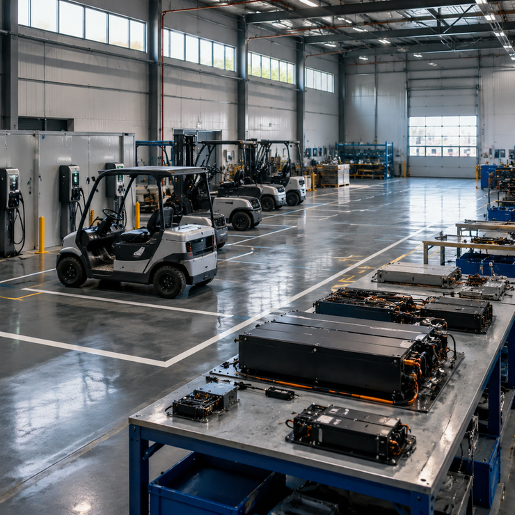 Warehouse fleet vehicles beside charging stations and neatly arranged battery modules during a planning review