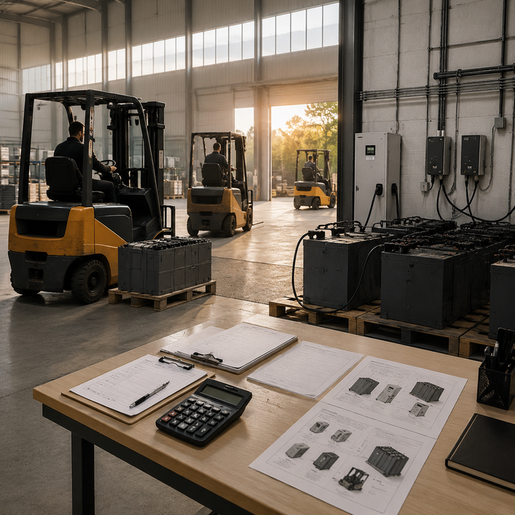 Electric forklifts, battery equipment, and organized finance documents arranged inside a modern warehouse