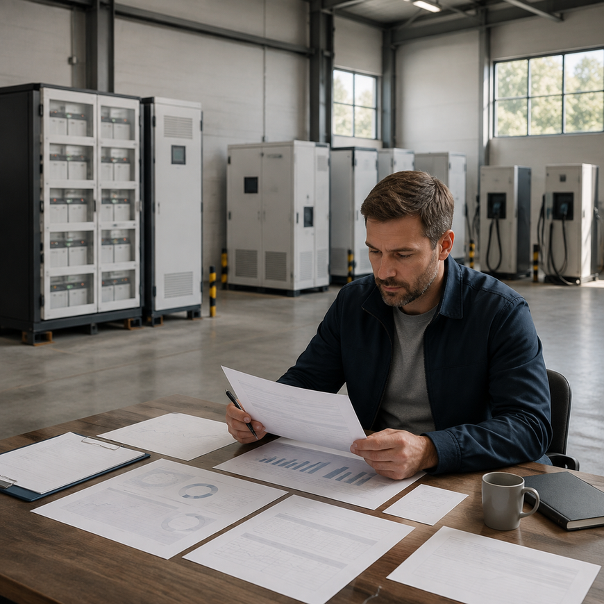 Operations manager reviews blank financing papers beside modular battery cabinets in an industrial warehouse