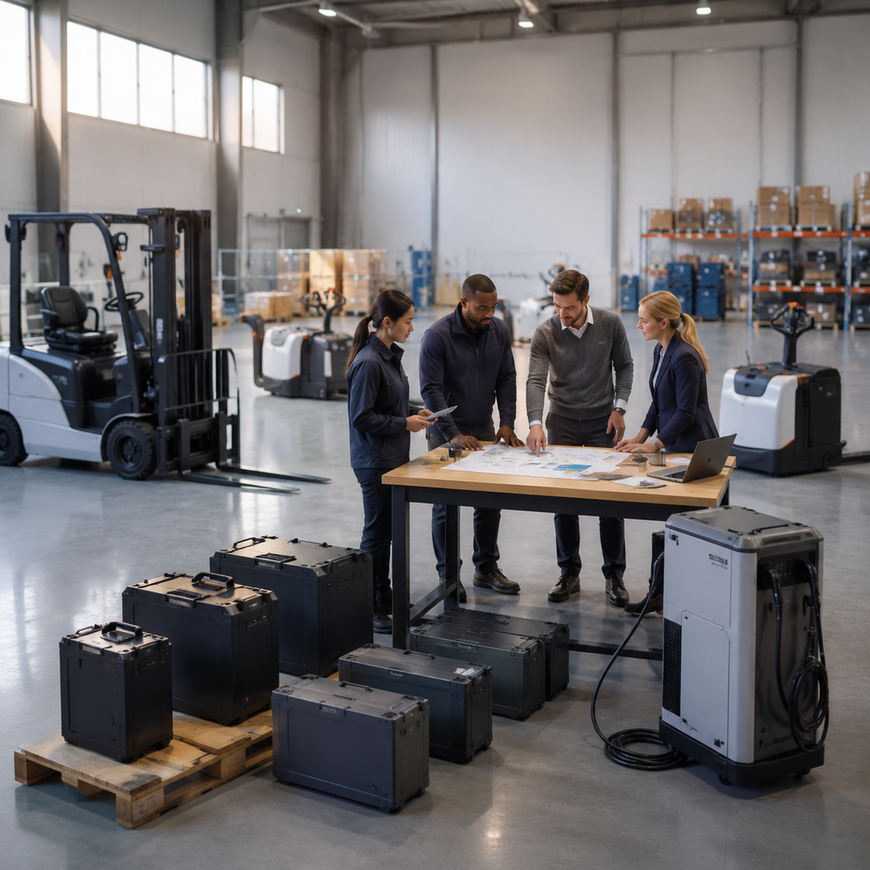 Warehouse fleet with battery packs, chargers, and planners comparing ownership and leasing options