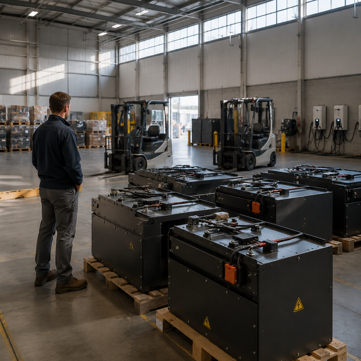 Commercial LiFePO4 fleet batteries staged for a lease-end decision inside a warehouse