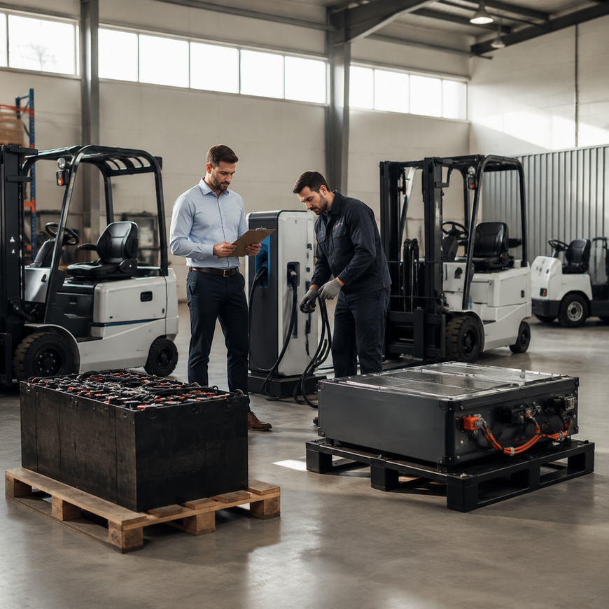 Commercial warehouse vehicles beside contrasting battery systems while an analyst reviews installation planning