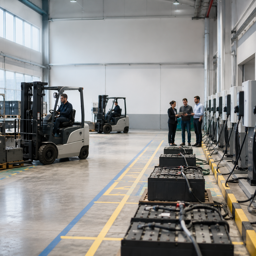 Warehouse forklifts operate beside organized charging stations while managers assess commercial battery infrastructure
