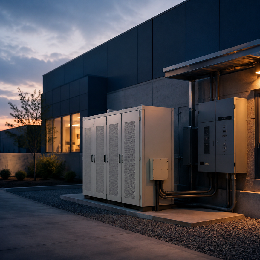Commercial battery cabinet beside facility switchgear during a monitored high-demand event