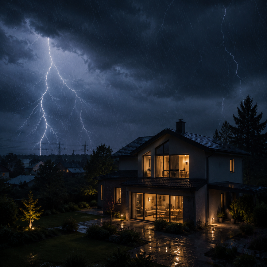 Suburban home remains lit during a dark storm while surrounding neighborhood sits without electricity
