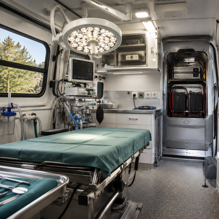 Mobile veterinary surgical workspace with backup power equipment arranged beside an operating table