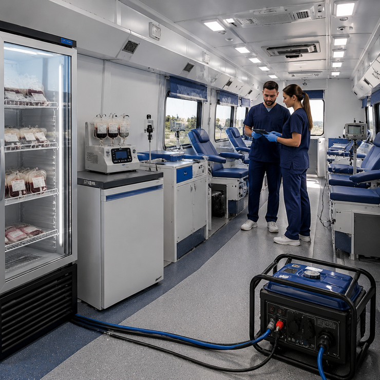 Mobile blood donation vehicle with cooled storage, collection stations, and backup power equipment during setup