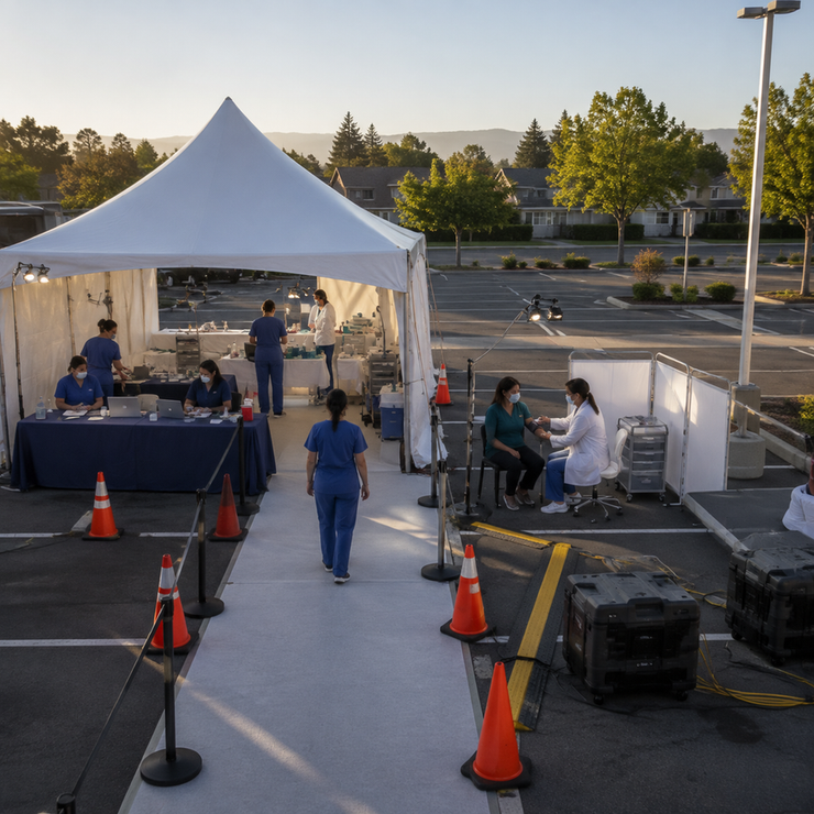 Mobile screening tent with backup power, registration equipment, clinical devices, and clear patient pathways.