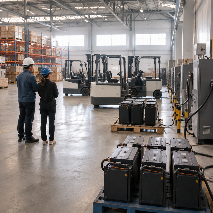 Electric forklifts, lithium battery modules, and chargers arranged for a warehouse fleet conversion plan