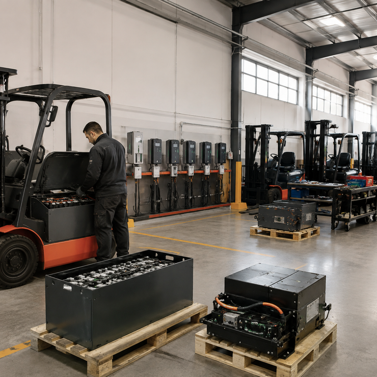 Technician inspects lithium battery equipment beside warehouse vehicles and organized charging stations