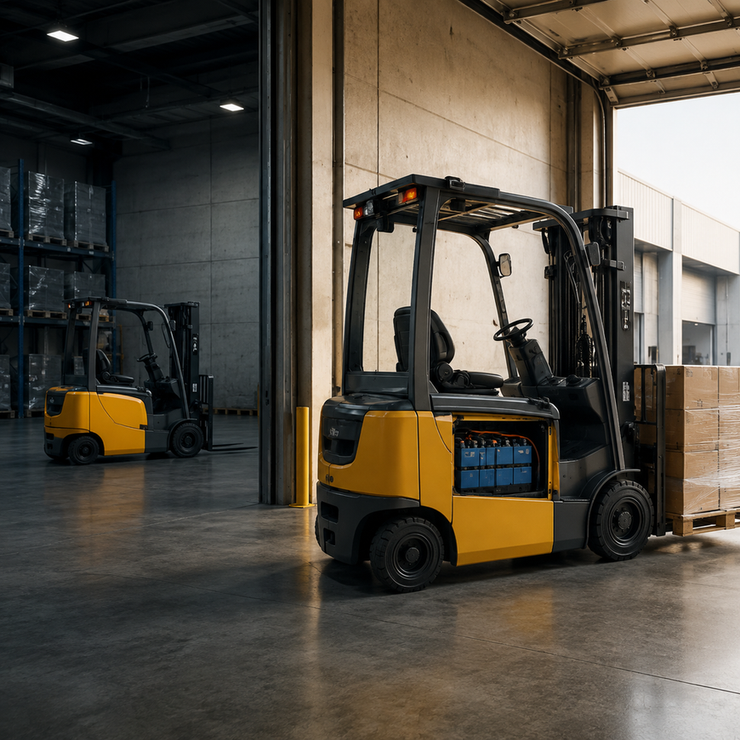 Forklifts operate in a busy warehouse while another rests in a separate seasonal storage area
