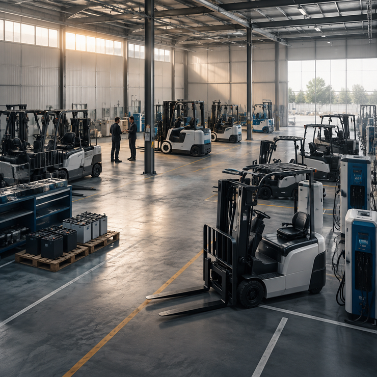 Mixed warehouse vehicles arranged in staged groups beside separate battery charging and service areas