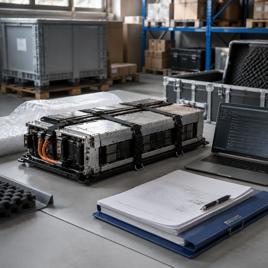 Lithium battery pack rests beside compliance papers and protective transport materials on a warehouse workbench