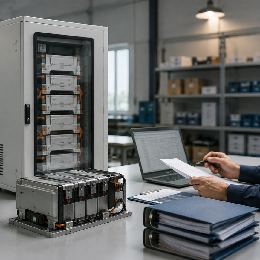Battery cabinet, module, and certification folders arranged for a careful procurement review