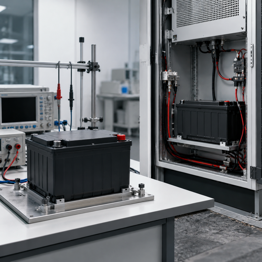 Lithium battery pack between a controlled laboratory bench and a demanding real-world installation setting