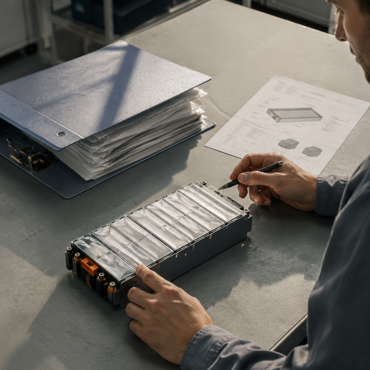 Technician compares a lithium battery pack with an organized compliance document folder