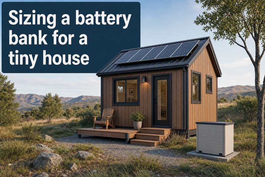 Small off-grid tiny house beside solar panels and a battery enclosure