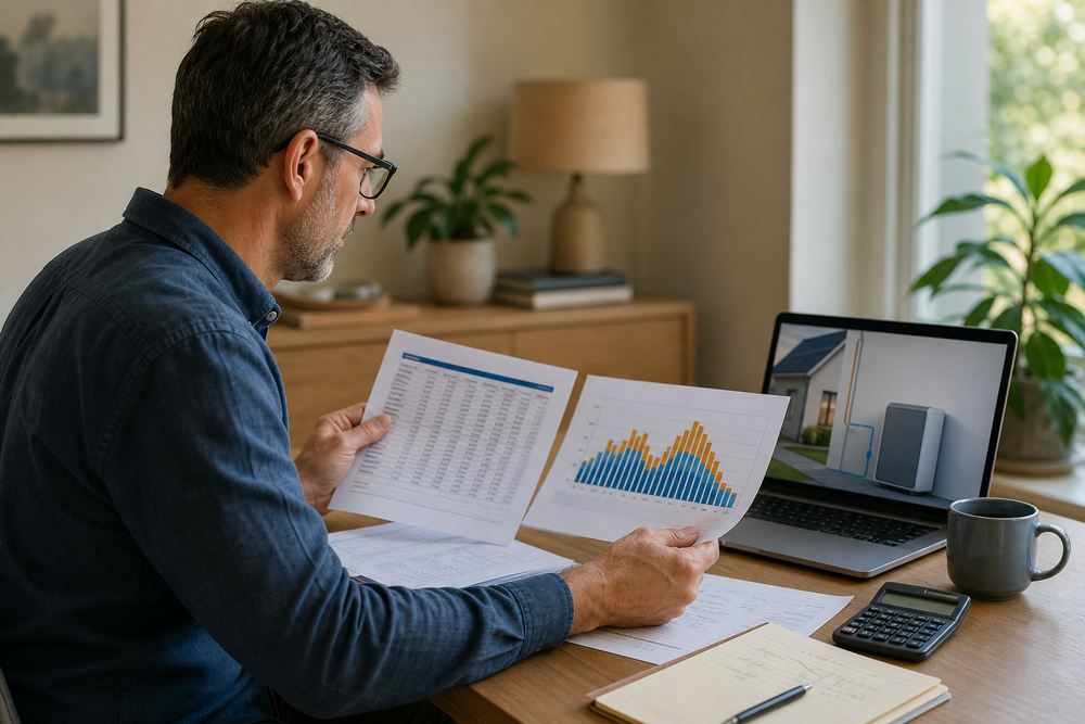 Homeowner comparing a utility rate table with an hourly electricity-use chart