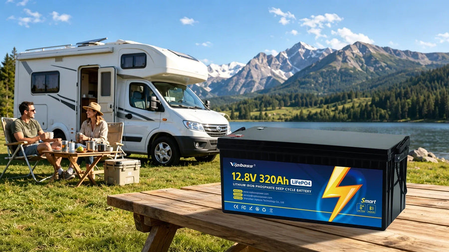 Vipboss 12.8V 320Ah LiFePO4 battery at an RV campsite near a mountain lake.