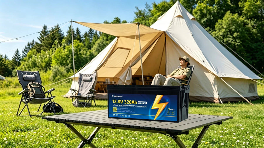 Vipboss 12V LiFePO4 battery on a table at a glamping tent campsite.