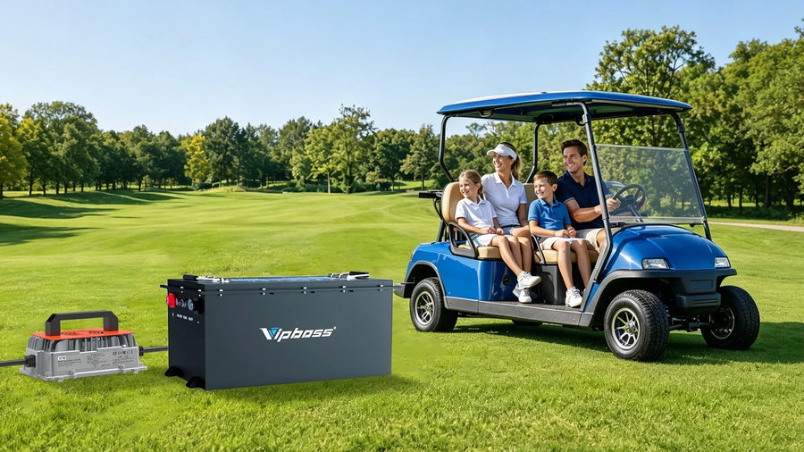 Blue golf cart on a course with a Vipboss 48V LiFePO4 battery and dedicated charger.