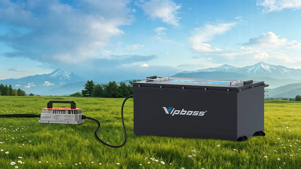 Vipboss LiFePO4 battery charging outdoors on grass with a compatible charger.