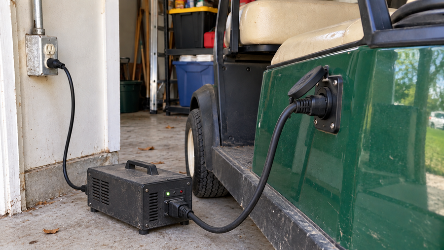 A golf cart charges in an ordinary garage through a standalone charger connected between the wall outlet and the cart; illustrative charging context without a voltage claim.